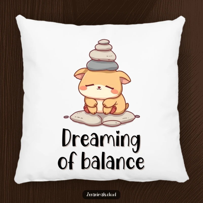 Funny sleepy animal pillow featuring a tired creature attempting to balance a stack of small rocks, providing comfort and a humorous visual.