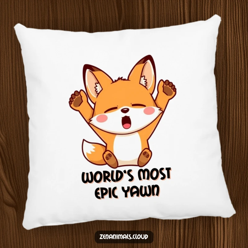 Funny Fox Pillow: A sleepy fox yawning widely and stretching its arms upwards, offering comfort and humorous decor.