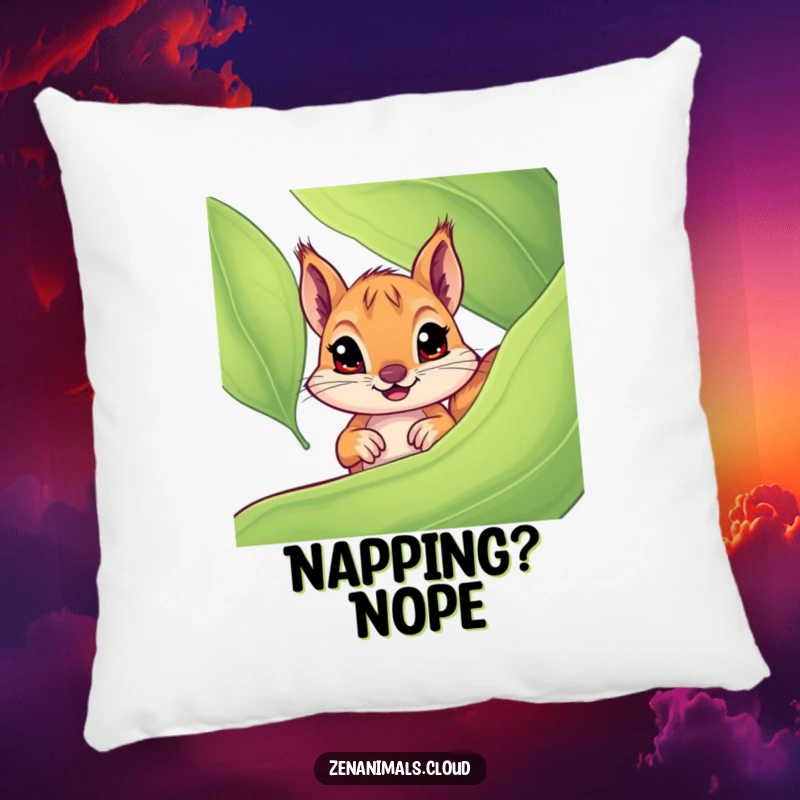 Funny squirrel pillow featuring a charmingly curious squirrel with wide eyes peeking from behind a large leaf, a soft and humorous accent pillow.