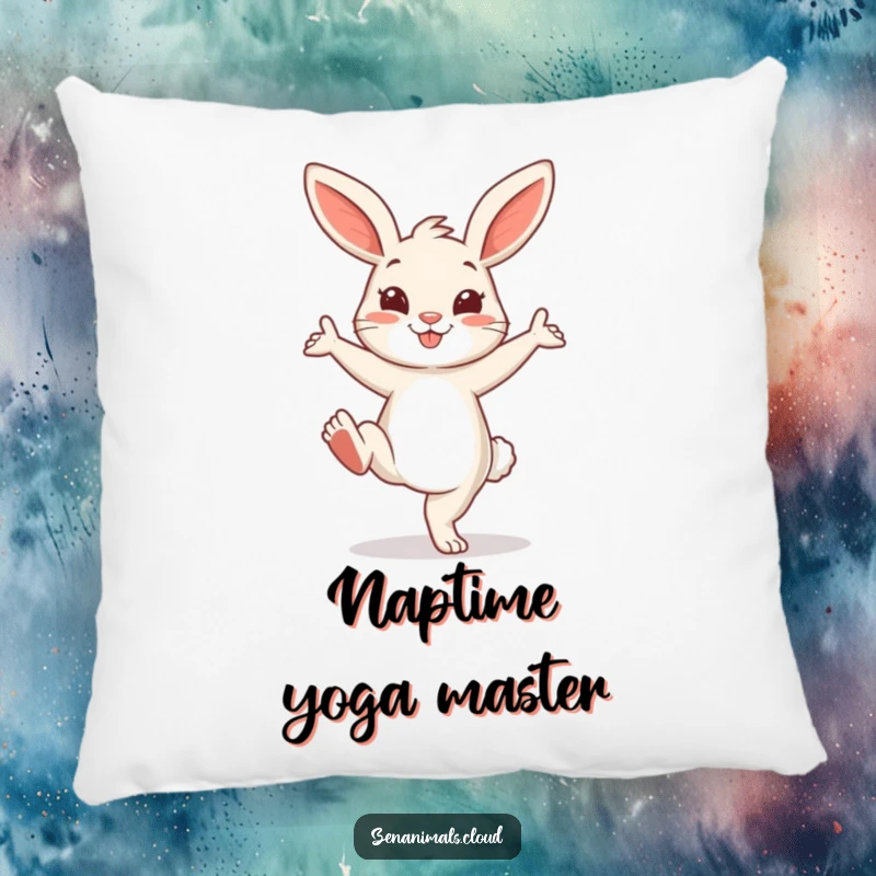 Funny Bunny Pillow: A cheerful bunny in a playful yoga pose with one leg extended, offering comfort and humorous decor.