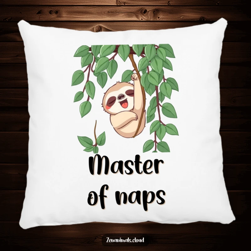 Funny sloth character slowly reaching for a vine with a yawn, bringing relaxation to this plush, humorous pillow.