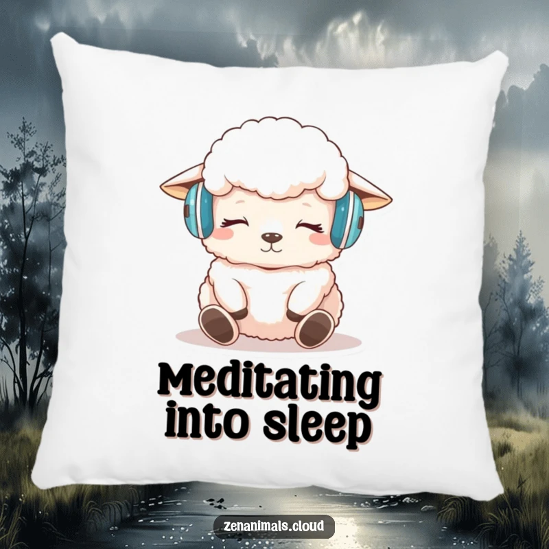 Funny sheep meditation pillow with a design of a sheep wearing headphones, meditating peacefully, offering comfort.