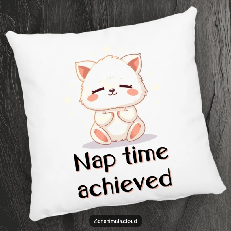 Funny meditation animal pillow showing a small, fluffy creature meditating deeply, enclosed in a gentle, glowing light for maximum comfort.
