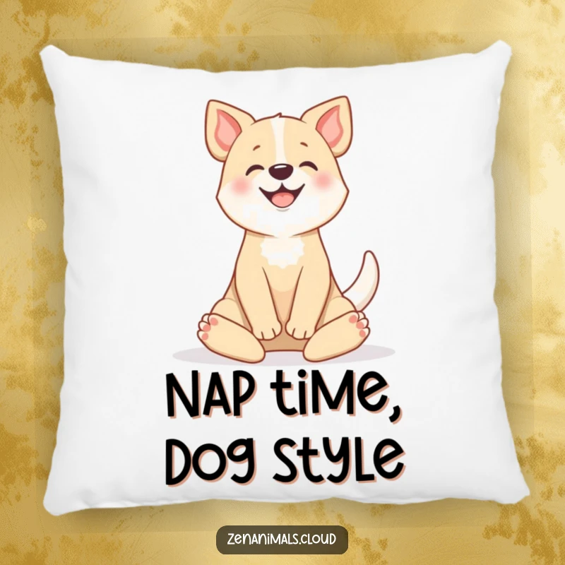 Funny pillow with a happy dog in a serene lotus position, tail wagging, offering comfort and a dose of meditative amusement.