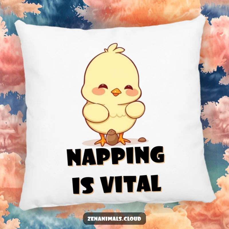 Funny chick character with a soft smile, pecking a seed, bringing cuteness to this plush, humorous pillow.