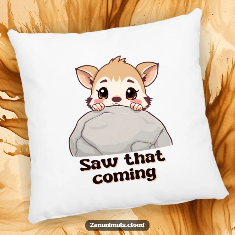 Funny curious animal pillow featuring a creature peeking over a rock with a surprised expression, providing comfort and a humorous visual.