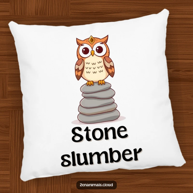 Funny wise owl pillow featuring an owl perched on stones, a humorous and comforting decorative accent for thoughtful spaces.