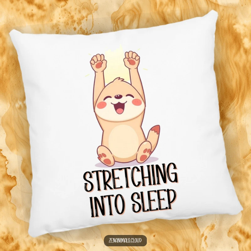 Funny joyful animal pillow featuring a happy creature stretching its limbs towards a sunbeam, providing comfort and a cheerful visual.