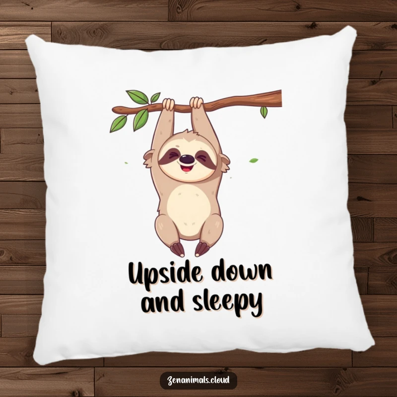 Funny pillow with a giggling sloth hanging upside down, offering plush comfort and a dose of slow-motion, amused joy.