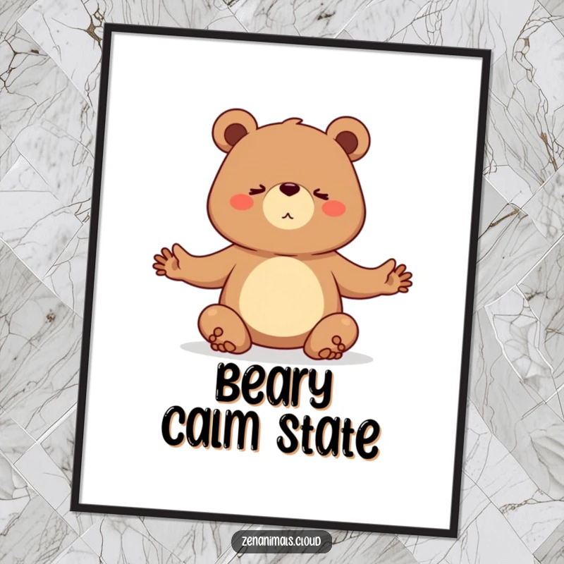 Funny digital art print of a determined bear practicing a challenging yoga pose, ready for instant download.