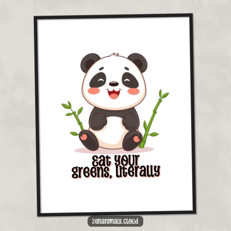 Funny digital art print of a cheerful panda juggling bamboo shoots, ready to bring humor to any space.