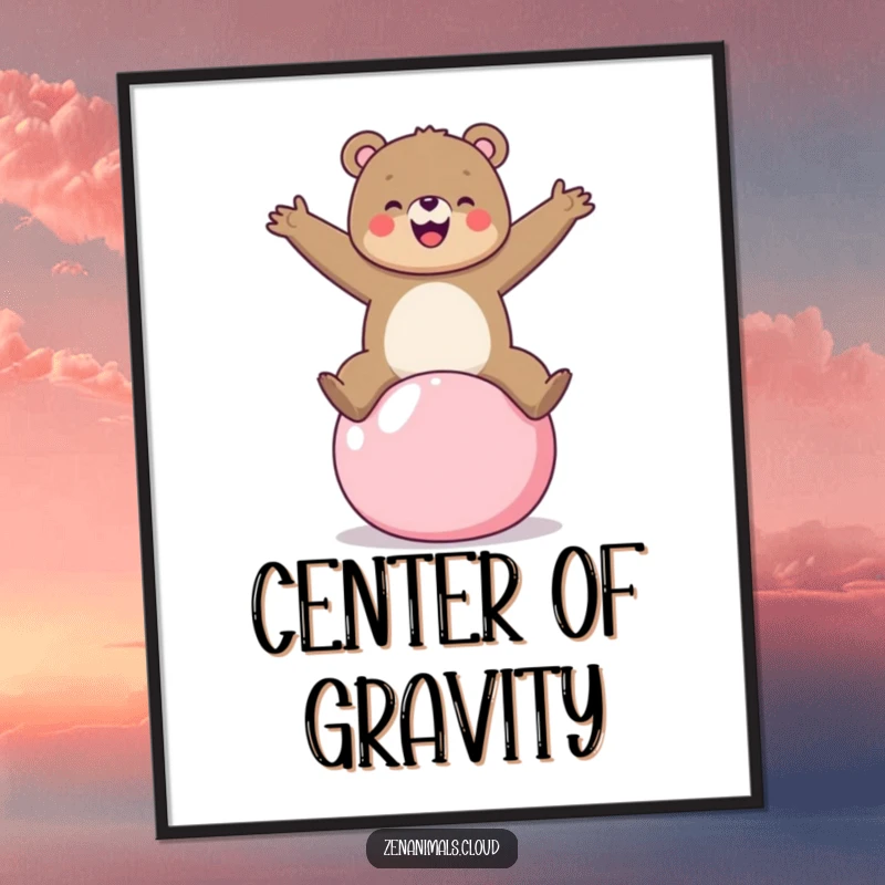 Funny bear balancing on a yoga ball digital art print, bringing cheerful humor and active energy to decor.