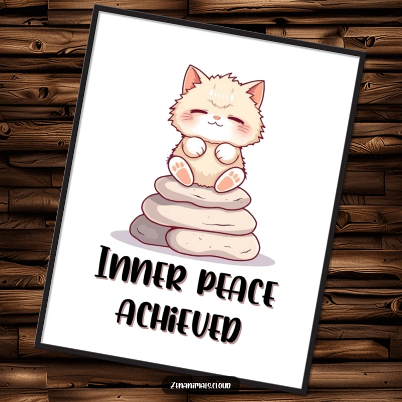 Funny Cat Digital Art Print: Fluffy cat meditating on stones, eyes closed, a humorous printable.