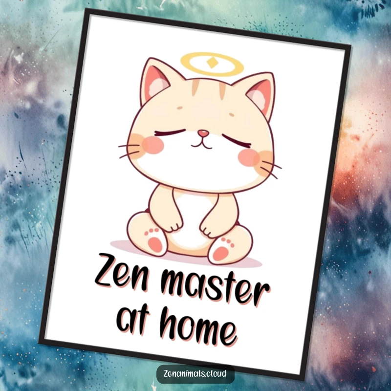 Funny cat meditation digital art print, high-resolution artwork of a cat meditating with halo, serene and humorous.