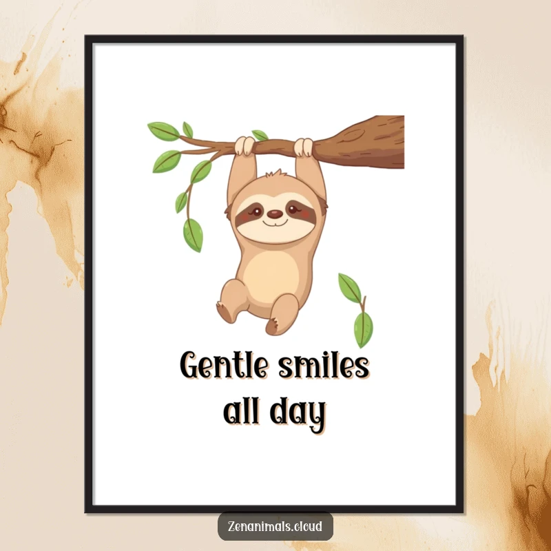 Funny Sloth Digital Art Print: Contented sloth hanging upside down from a branch, smiling gently, a humorous printable.
