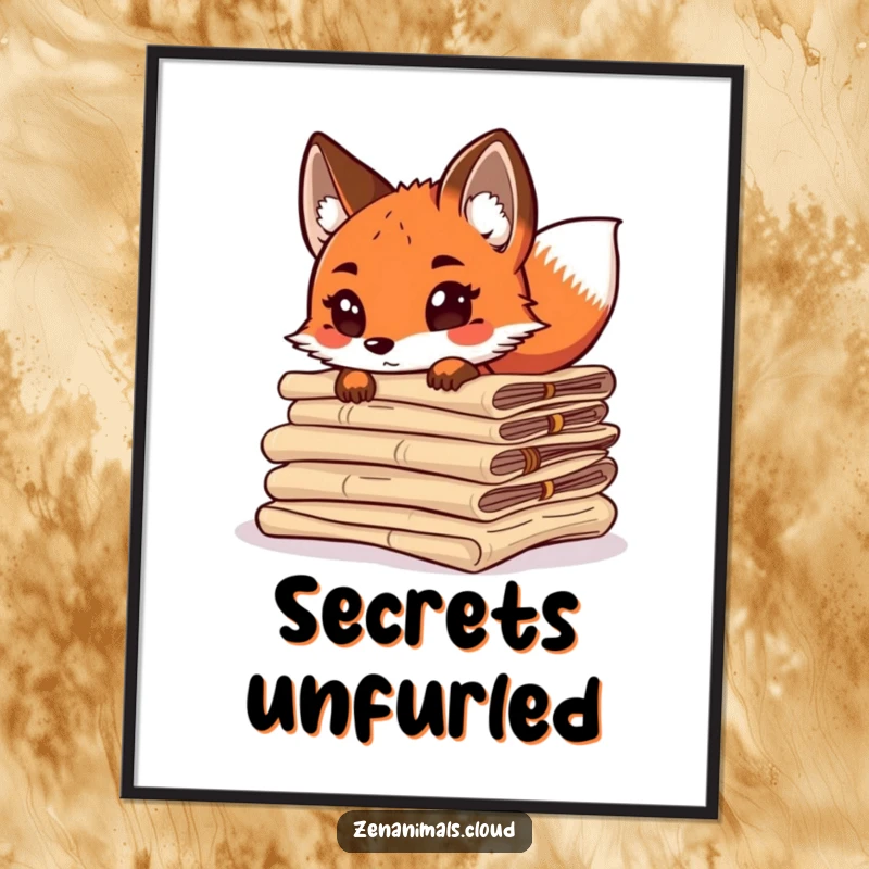Funny curious fox peeking from behind ancient scrolls, tail wagging, high-resolution digital art print for home decor.