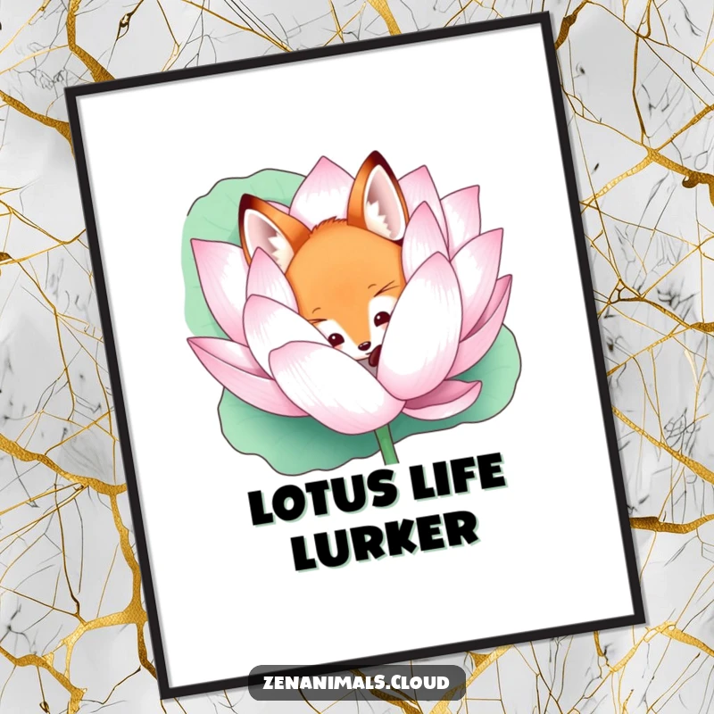 Funny curious fox peeking from a lotus flower digital art print, creating mystical and enchanting wall decor.