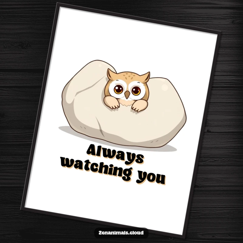 Funny Owl Digital Art Print: A curious owl peeking out from behind a large, smooth stone, perfect for humorous wall decor.