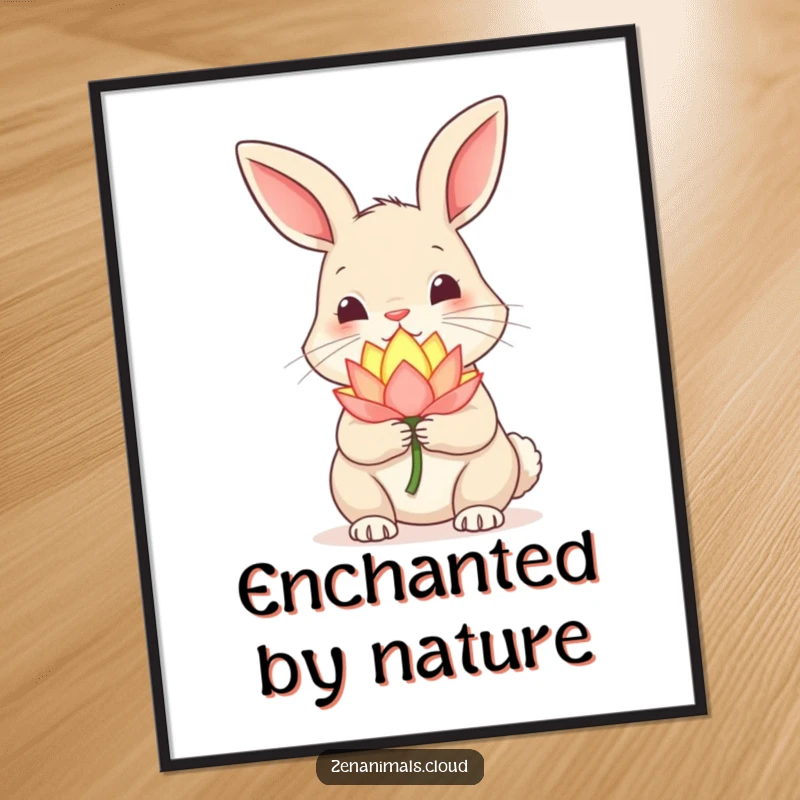 Funny Rabbit Digital Art Print: Curious rabbit holding a glowing lotus flower, nose twitching, a humorous printable.