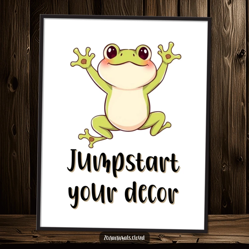 Funny Frog Digital Art Print: A humorous illustration of a joyful frog in a leaping pose, ready for instant download and display.