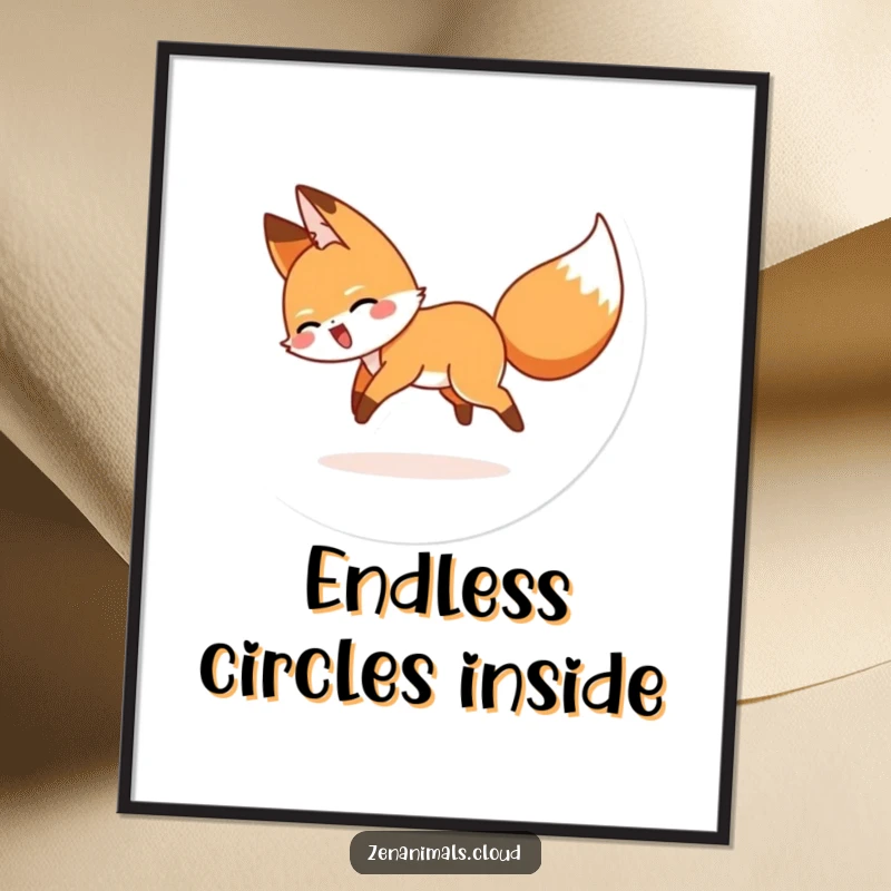 Funny digital art print of a joyful cartoon fox comically spinning in a dizzying, happy chase after its tail.