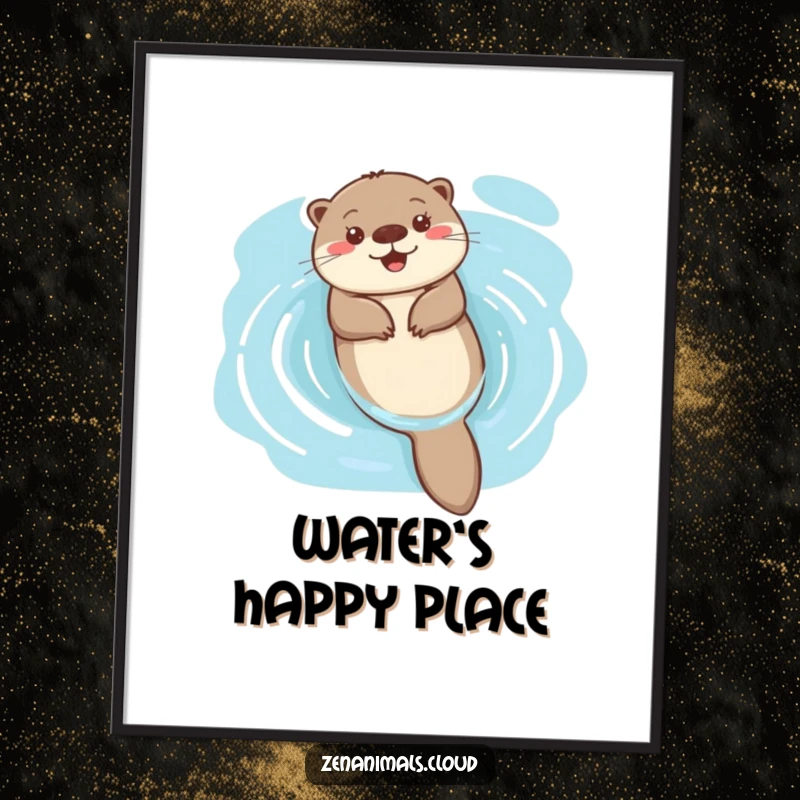 Funny happy otter floating on serene water digital art print, adding joyful and relaxing humor to decor.