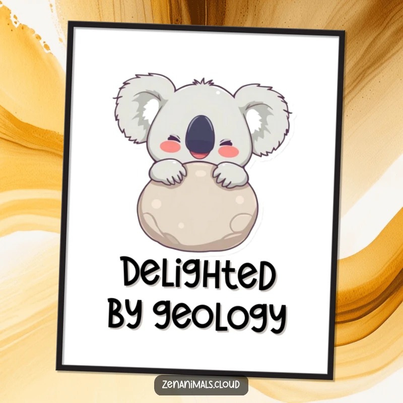 Funny Digital Art Print of a joyful koala hugging a smooth stone, eyes wide with delight, offering instant happiness.