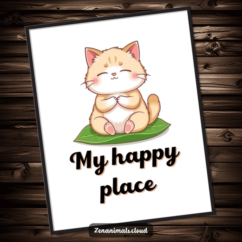 Funny Digital Art Print of a round, fluffy cat meditating peacefully on a leaf, offering instant humorous decor.