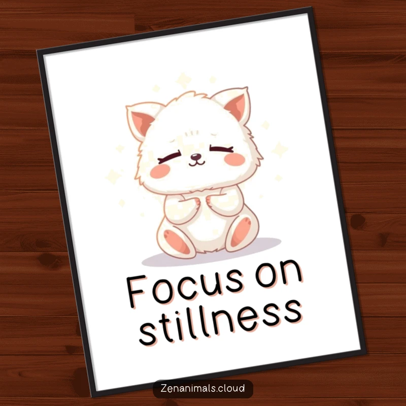 Funny meditation animal digital art print of a fluffy creature meditating serenely, surrounded by a soft, glowing light for a calming effect.