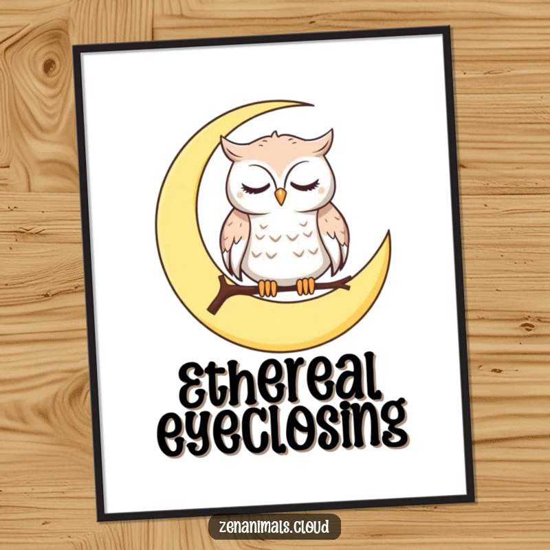 Funny Digital Art Print of a calm owl perched on a crescent moon, blinking slowly, offering instant serene humor.