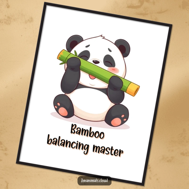 Funny panda bear digital art download showing a plump bear giggling while balancing a large bamboo shoot on its nose.