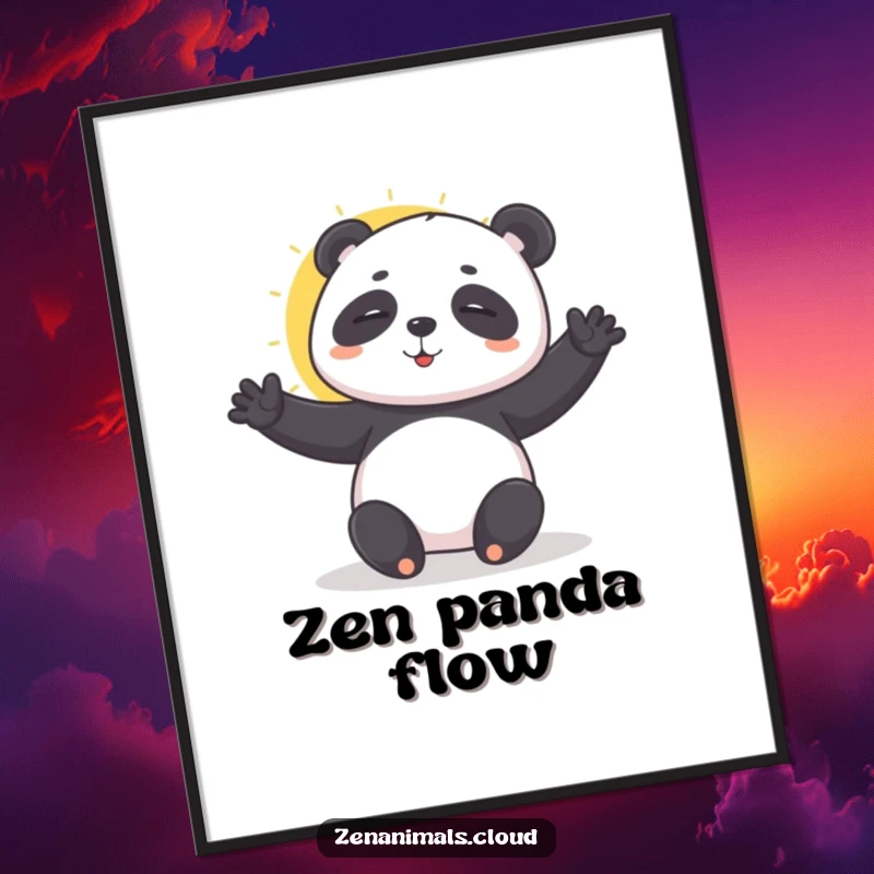 Funny playful panda doing a sun salutation digital art print, adding zen humor and peaceful energy to decor.