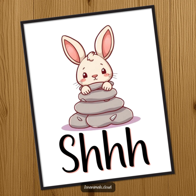 Funny Rabbit Digital Art Print: A curious rabbit peeks from behind smooth river stones, ideal for instant humorous wall decor.