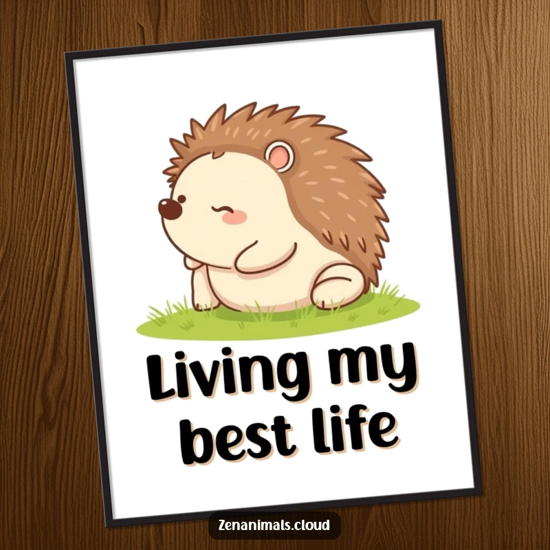 Funny digital art print of a happy hedgehog rolling on its back, ready to bring instant joy and humor to any space.