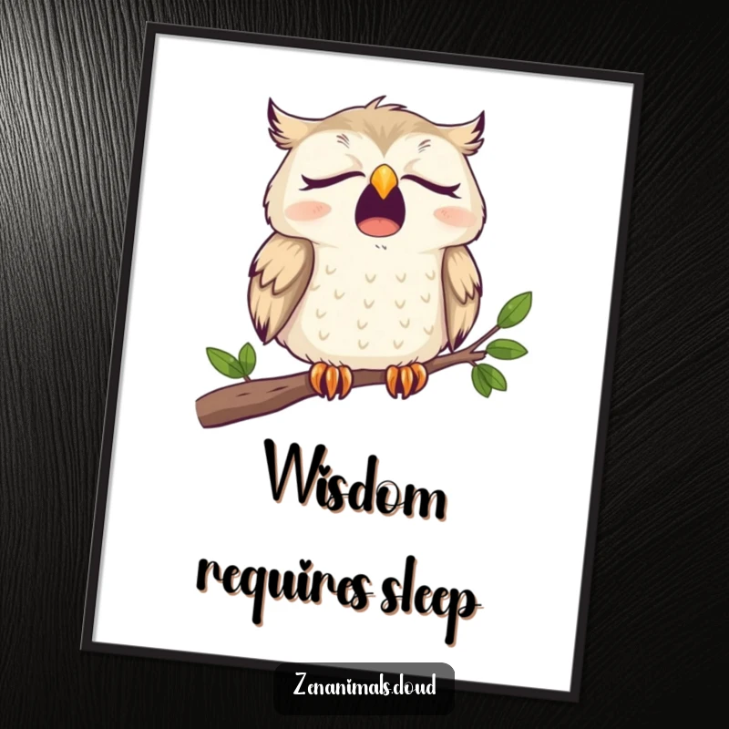 Funny Digital Art Print of a sleepy owl yawning widely on a branch, offering instant humorous decor.