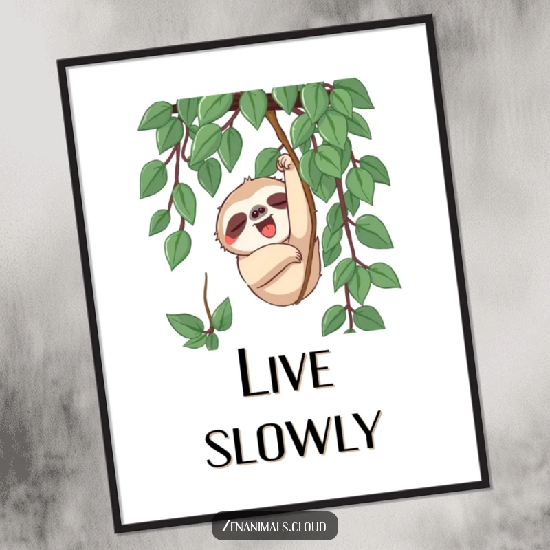 Funny sloth character slowly reaching for a hanging vine with a yawn, presented as calm, humorous digital art.