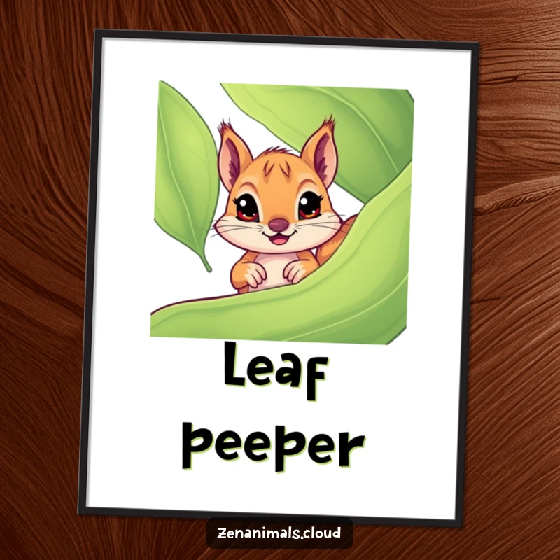 Funny squirrel digital art print of a curious squirrel with wide eyes peeking from behind a large leaf, whimsical and humorous decoration.