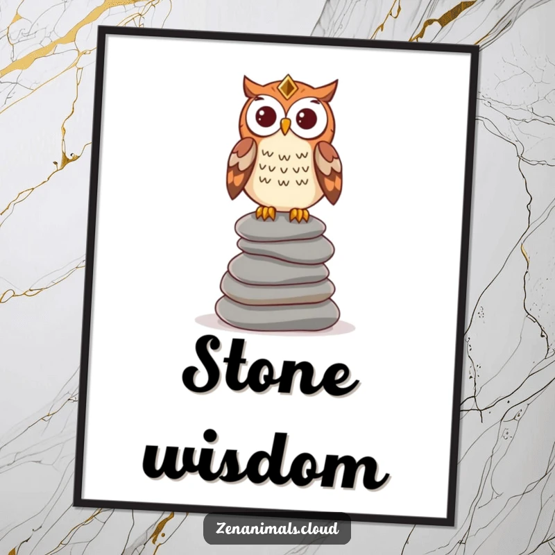 Funny wise owl digital art print showing an owl on stones, ready for download as humorous and wise home decor.