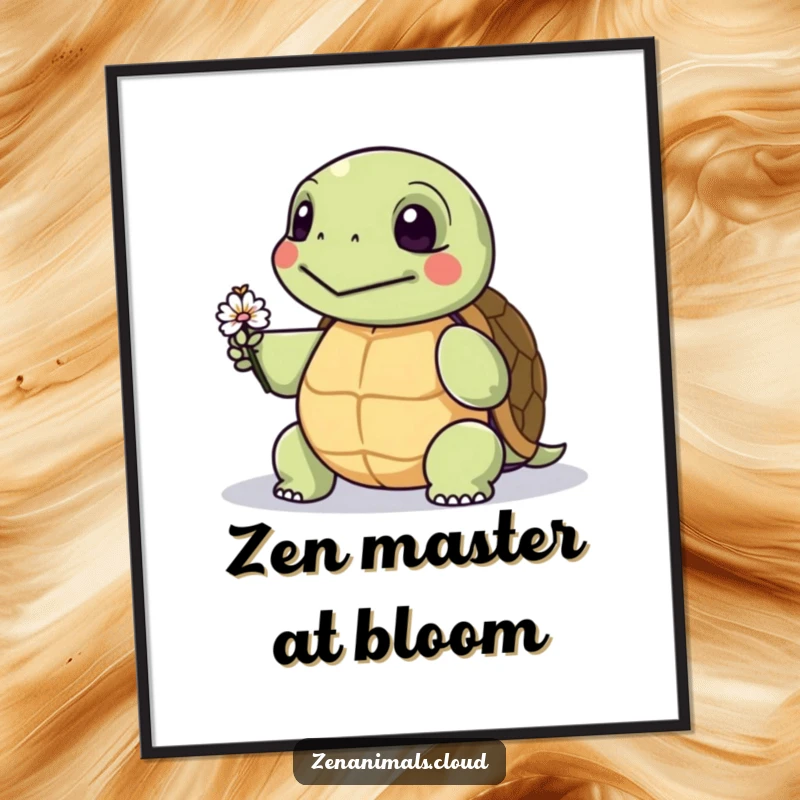 Funny digital art print of a wise turtle offering a tiny flower, ideal for instant download and adding humorous charm to decor.