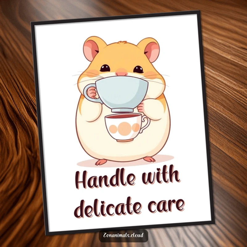 Funny Hamster Digital Art Print: A round, content hamster balancing a tiny teacup on its nose, perfect for humorous wall decor.