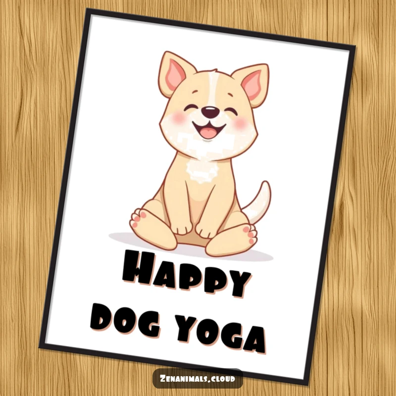 Funny digital art print of a happy dog in a lotus position, tail wagging, perfect for adding instant, serene humor to decor.