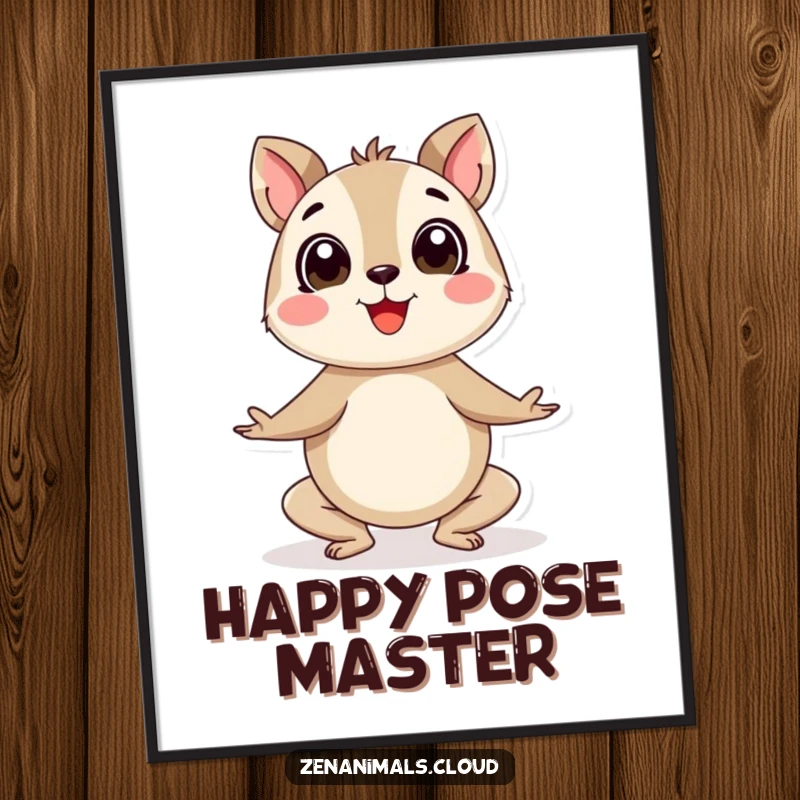 Funny yoga animal digital art print of a round, happy creature enthusiastically performing a yoga pose, radiating energy and joy.