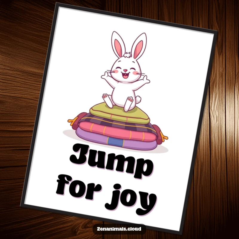 Funny digital art print of a bouncy bunny with a grin, energetically hopping over colorful meditation cushions, conveying joy and lightness.