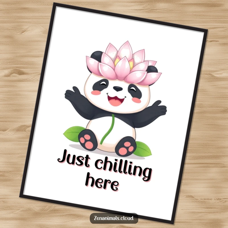 Funny panda lotus digital art print, high-resolution artwork of a panda balancing a flower, serene and humorous.