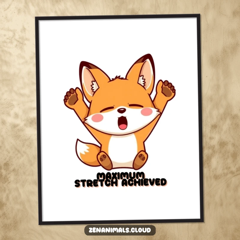 Funny Fox Digital Art Print: A sleepy fox yawning widely and stretching its arms upwards, perfect for humorous wall decor.