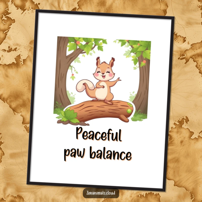 Funny happy squirrel doing a yoga pose on a mossy log, balancing on one paw, high-quality printable art.