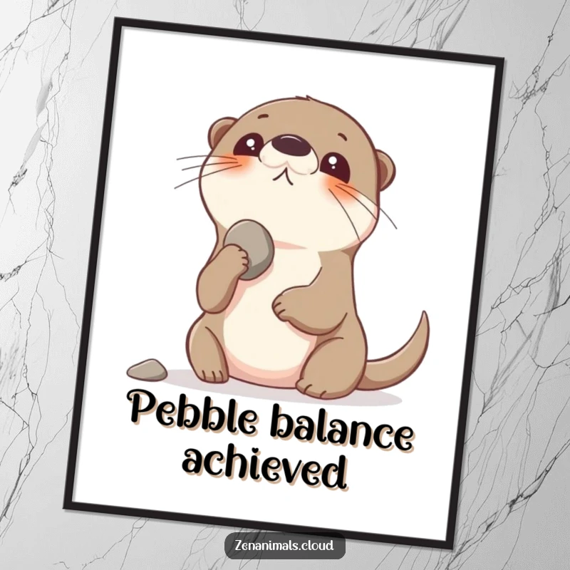 Funny playful otter balancing a pebble on its nose, looking up, available as a digital art print.