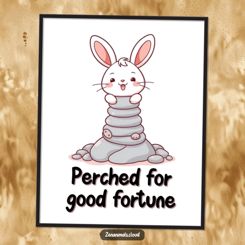 Funny digital art print of a cheerful bunny balancing a tall stack of pebbles, ready for instant download.