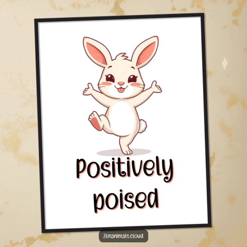 Funny Bunny Digital Art Print: A cheerful bunny in a playful yoga pose with one leg extended, perfect for fitness decor.