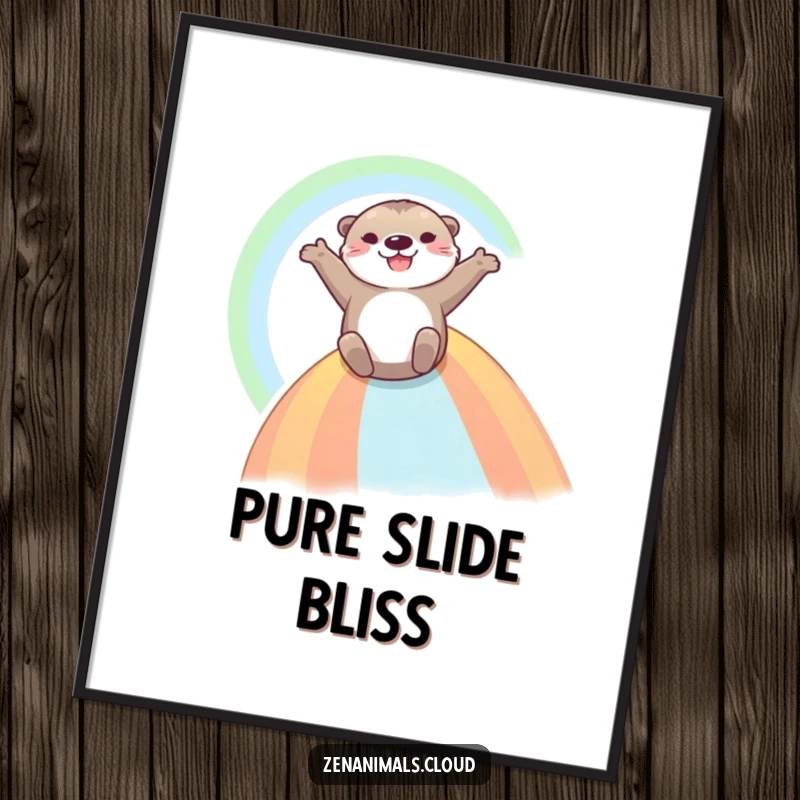 Funny Otter Digital Art Print: A joyous otter slides down a dazzling rainbow with arms spread, symbolizing pure fun and happiness.